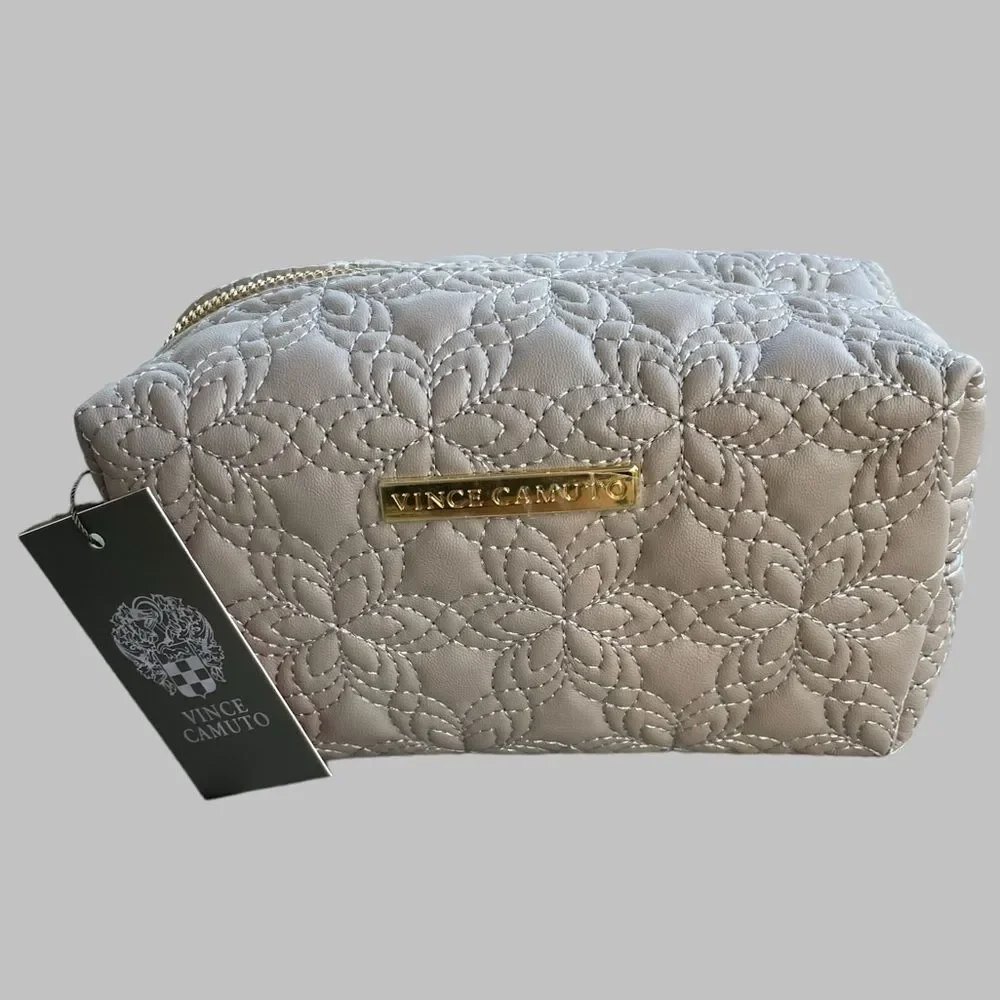 Vince Camuto Quilted Cosmetic Bag Travel Makeup Pouch Gray NWT